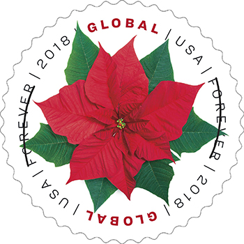 Poinsettia Global Forever stamp on sale now at post offices