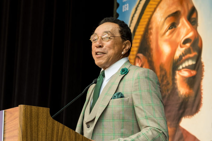 Smokey Robinson addresses the audience at the Marvin Gaye stamp ceremony