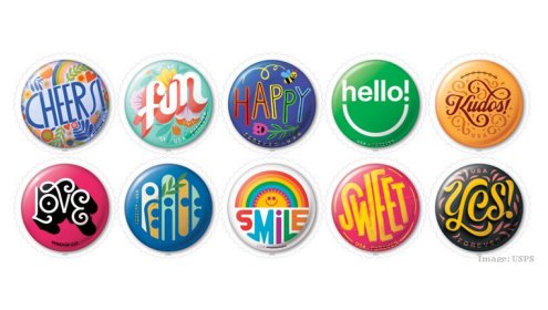 Cheery, Whimsical Pinback Buttons Stamps Bring Playful Touch to Cards and Letters