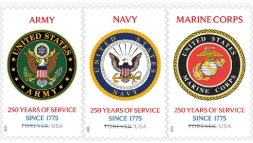 USPS unveils commemorative stamps for 250th anniversaries of Army, Navy and Marine Corps